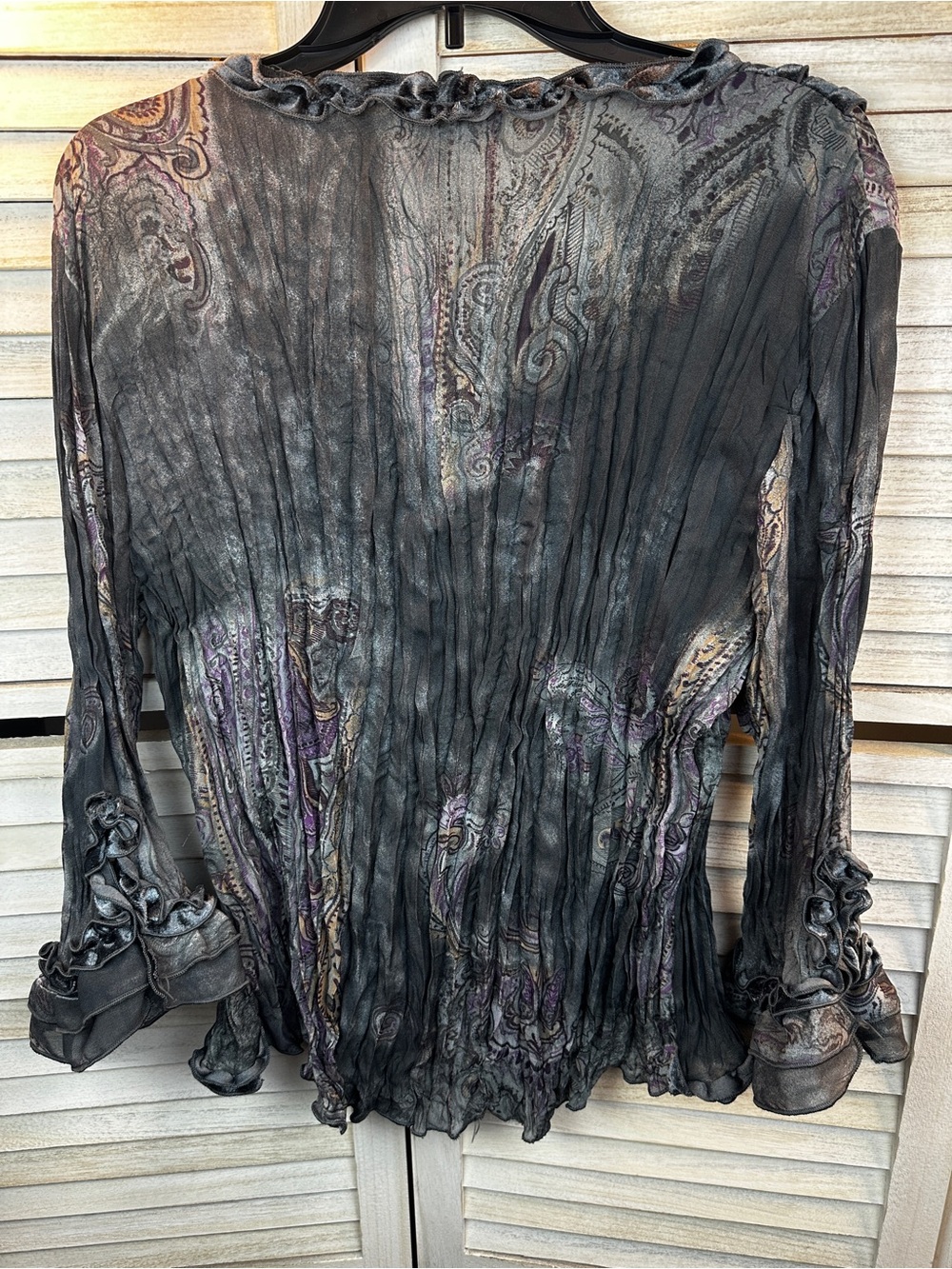 Vintage Crinkle Ruffled Sheer Gray & Purple Paisley Long Bell sleeve top XL Y2K - Picture 11 of 12